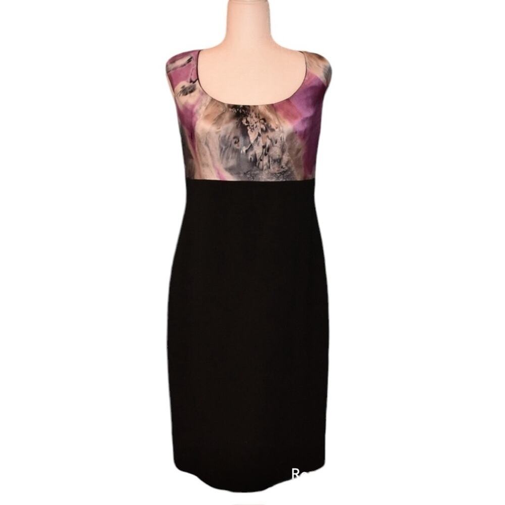Elie Tahari Silk/Elastane Scoop Neck Sheath Dress - Black/Pink/Purple/Silver-12